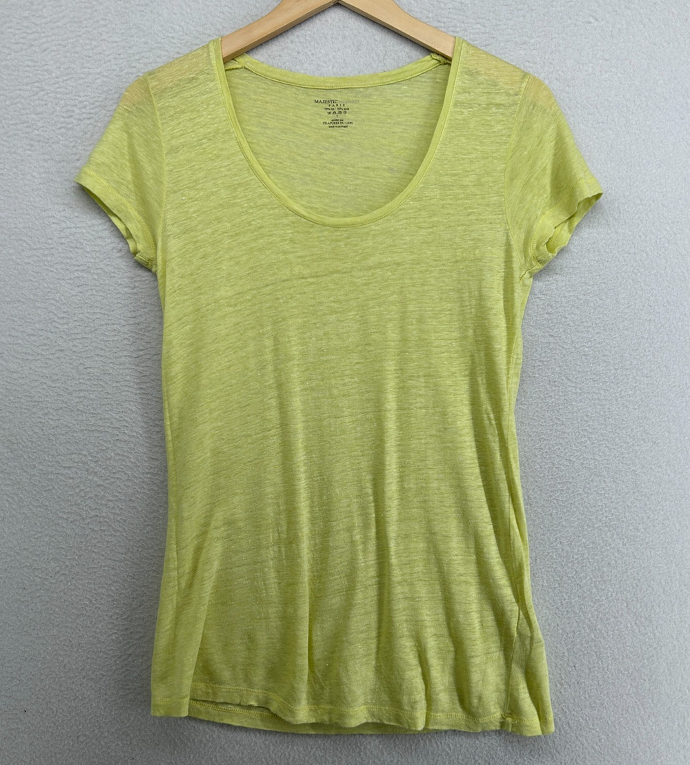 MAJESTIC Top 2 S FILATURES Slub Linen Silk Jersey Scoop Neck Short Sleeve Yellow